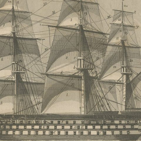Antique Sea Battle Print Between an American and a British Ship, 1847, close-up 1