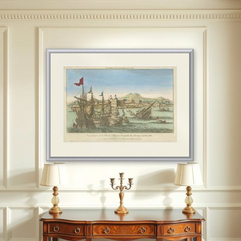 Naval Battle Off St. François (Campeche, Mexico), ca. 1780, shown framed on a wall