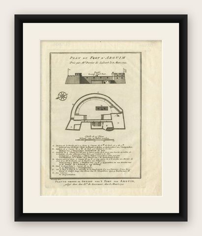 Antique Print of the Fortress of Arguin 'Mauritania, Africa, circa 1747, shown framed