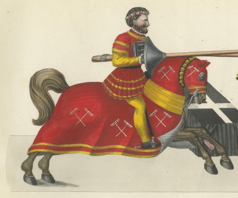 19th-Century Hand-Coloured Lithograph of Jousting Gentlemen in Vibrant Attire, close-up 4
