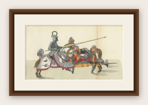Hand-Coloured Jousting Scene: Armoured Knight and Striped Caparisoned Horse 1842, shown framed