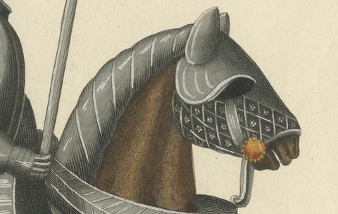 Hand-Coloured Lithograph of Armoured Knight and Horse in Tournament Dress, 1842, close-up 2