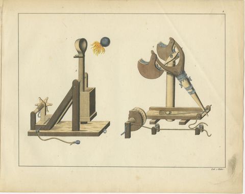 19th-Century Hand-Coloured Lithograph of Medieval Catapults and Siege Engines, view 2