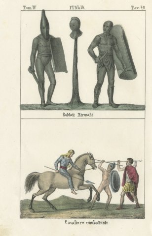 Etruscan Soldiers and a Fighting Horseman, Hand Colored Lithograph, 1842