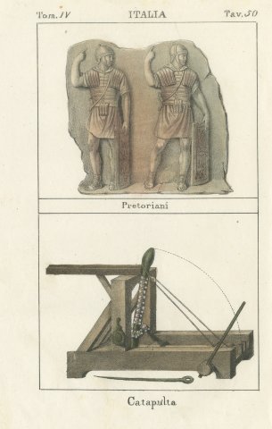Roman Praetorians Relief and a Catapult, Italy, Hand Colored, 1842