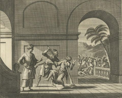 Antique Print of a Battle in Vidia Rajoe in India, 1726, close-up 2