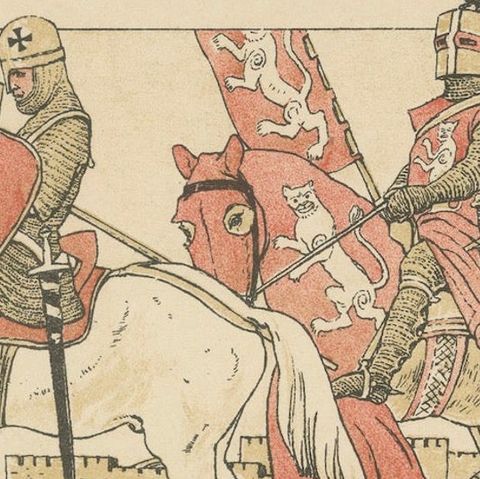 Antique Crusading Knights Plate, Hand-Colored Medieval Print c.1880, close-up 3