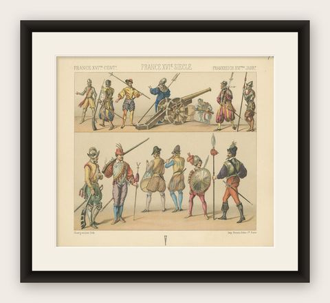 Pl. 73 Antique Print of French 16th Century Battle Costumes, Racinet, circa 1880, shown framed