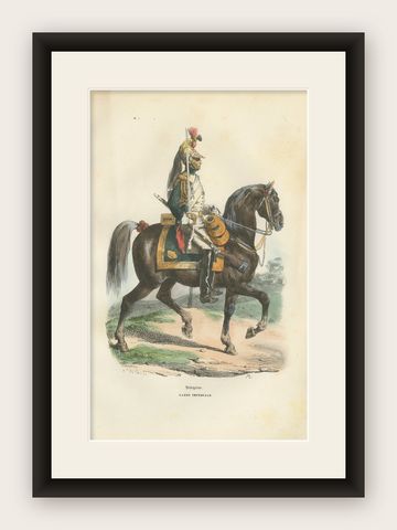 Napoleon I Dragoon of the Imperial Guard on Horseback, Military Print, 1843, shown framed