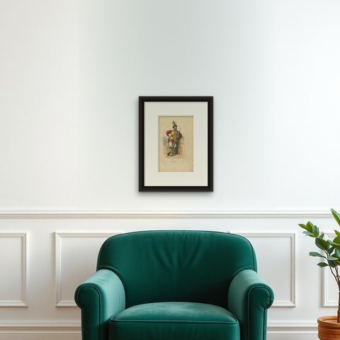 Antique Print of a Soldier of Cochinchina, 1843, shown framed on a wall