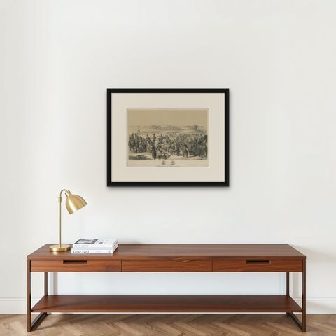 German Lithograph of the Schleswig War Crossing at the Schlei Near Arnis, 1864, shown framed on a wall