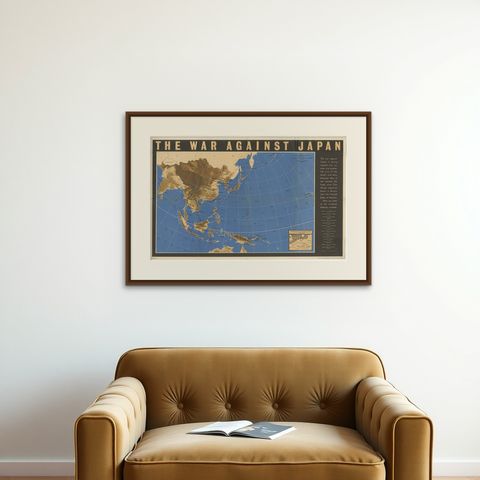 Original Vintage WWII Pacific Theater Map “The War Against Japan” Poster, 1944, shown framed on a wall