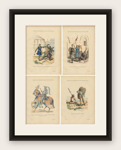 Set of Four Antique French Medieval Military Costume Prints, circa 1860, shown framed