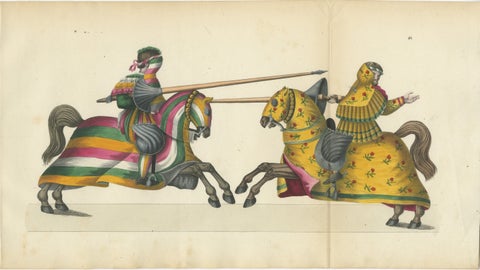 Hand-Coloured Jousting Scene with Vibrant Striped and Floral Caparisons, 1842, view 2