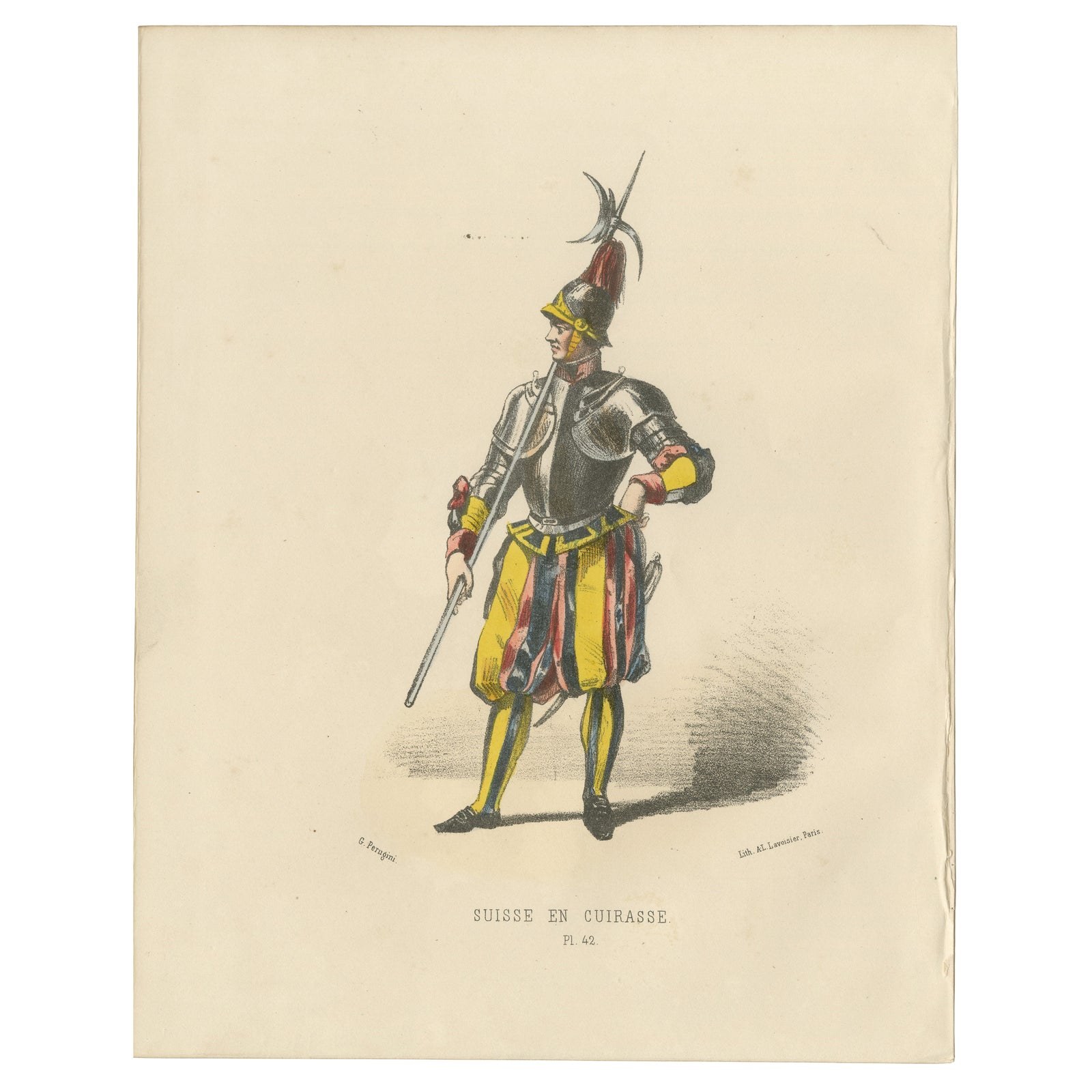 Swiss Guard in Cuirass: Handcolored Print of Ceremonial Armor, Plate 42, 1862
