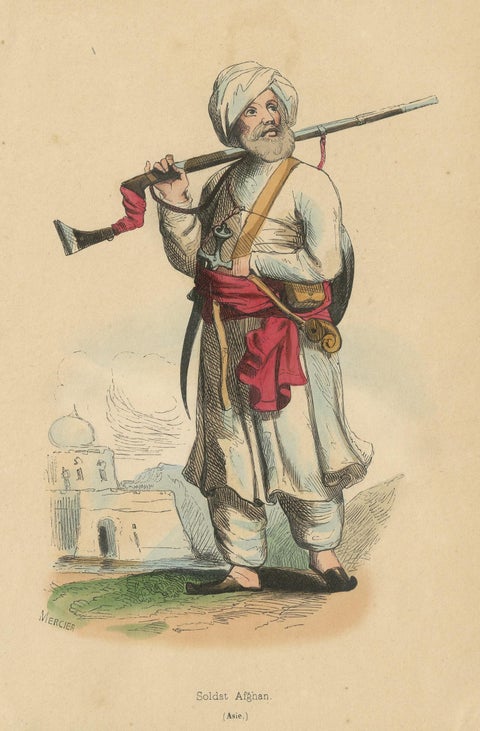 Antique Costume Print of an Afghan Soldier by Wahlen, '1843', view 4