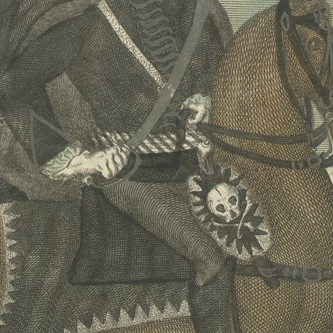 Death's Head Skull Hussars, Freiherr von Ruesch, Hand-Colored Engraving, c.1750, close-up 4