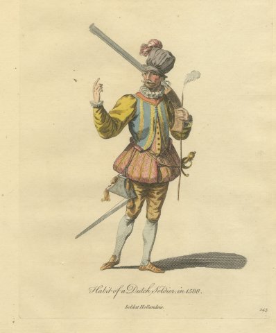 Dutch Soldier in 1588 with a Musket, Hand Colored Jefferys Costume Plate, 1757