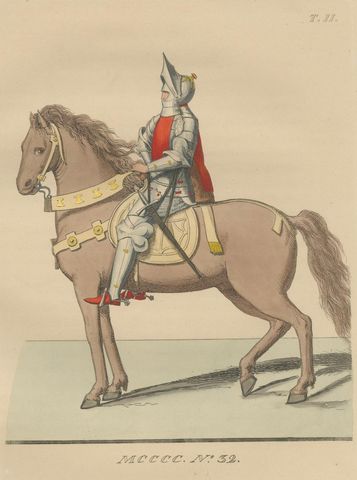 Medieval Knight on Horseback, Elegant Hand-Colored Antique Print, France 1845, close-up 1