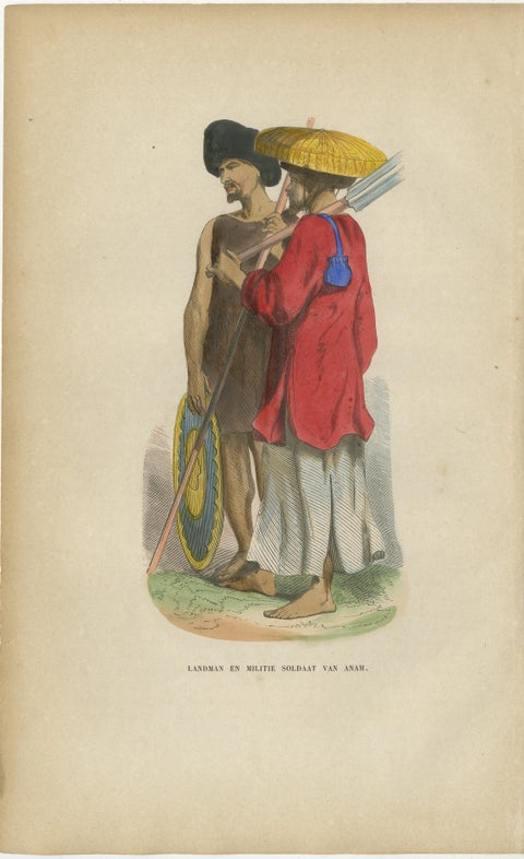 Antique Costume Print Pair Annam (Vietnam) Soldiers, Hand-Colored, 1854, view 2