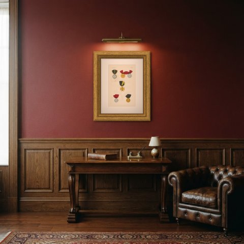 Württemberg Campaign Medals, Paris 1814, Plate LXXXVIII, Wood Engraving, 1844, shown framed in a room