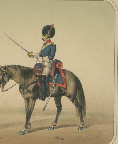 Two Spanish Cavalrymen in Crested Helmet and Bearskin Cap, Villegas, 1861, close-up 2