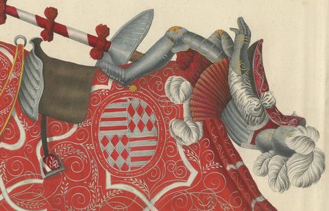 19th-Century Hand-Coloured Litho: Ornate Jousting Knights with Striking Heraldry, close-up 1