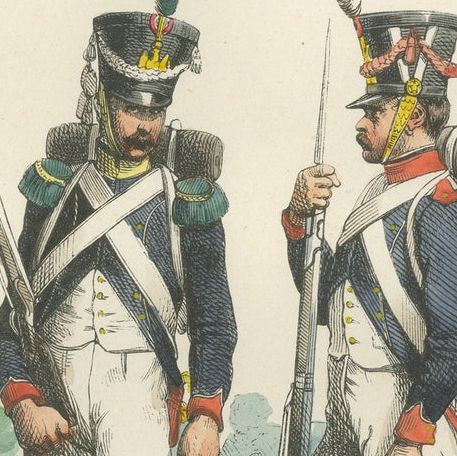 Imperial Guard Tirailleur and Voltigeur, Napoleonic Military Print, c1843, close-up 3