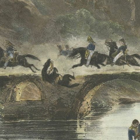 Pont de Coy: French Troops Crossing a Bridge in 1809- Napoleonic Wars Lithograph, close-up 4