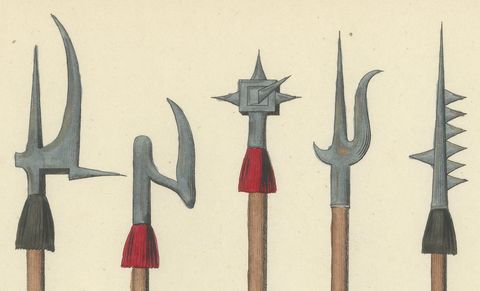 19th-Century Lithograph Compilation of Medieval Polearms and Weapons, close-up 1