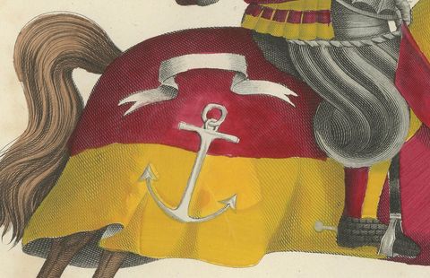 1842 Hand-Coloured Lithograph: Two Knights Jousting in Vibrant Heraldic Colours, close-up 2