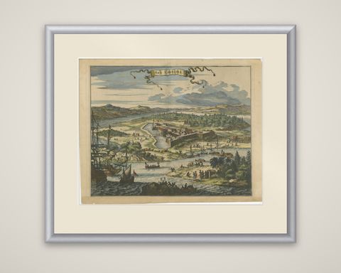 Fort Caroline in Florida, Montanus Engraving, Early America View 1671, shown framed
