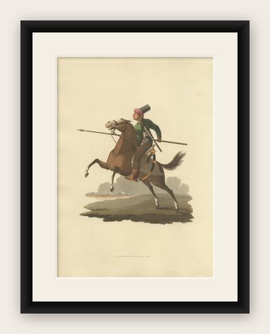 Antique Print of Turkish Cavalry Costume, Hand-Colored Aquatint, 1818, shown framed