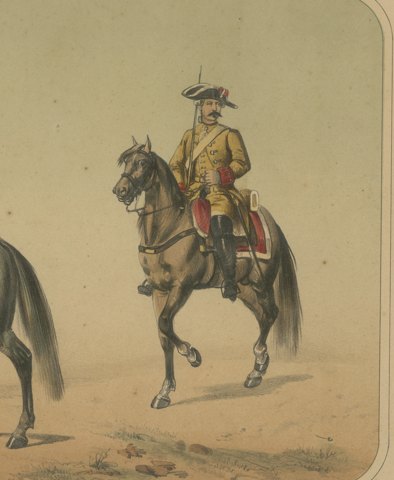 Two Spanish Cavalry Officers in Tricorn Hats, Villegas Lithograph, Madrid, 1861, close-up 2