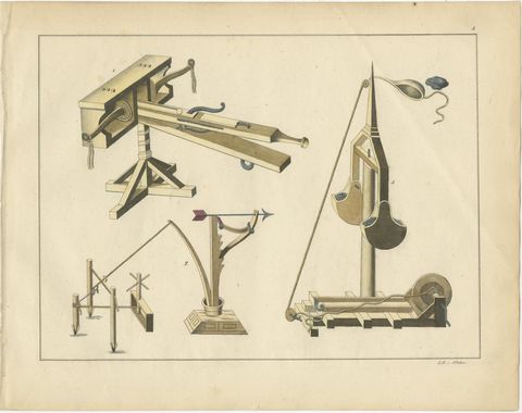 19th-Century Hand-Coloured Lithograph of Medieval Siege Engines and Catapults, view 2
