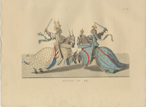 Medieval Knights in Combat, Elegant Hand-Colored Antique Print, France 1845, view 2