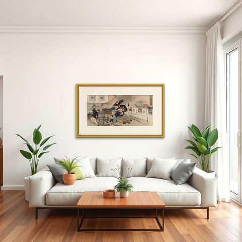 Fortress Assault Triptych, 1894 Japanese Meiji War Woodblock by Gekko, shown framed in a room