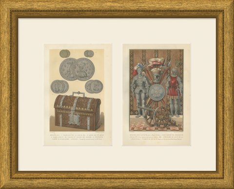 Renaissance Medals and Armor, Pair of Antique French Chromolithographs, 1882, shown framed