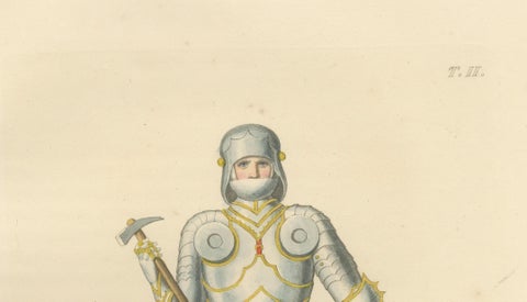 Joan of Arc in Armor, Antique Hand-Colored Costume Lithograph, c.1845, close-up 5