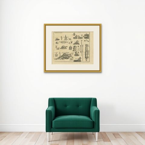 Antique Engravring of Different Artillery like Bullets, Cannons, Bombs, c.1769, shown framed on a wall