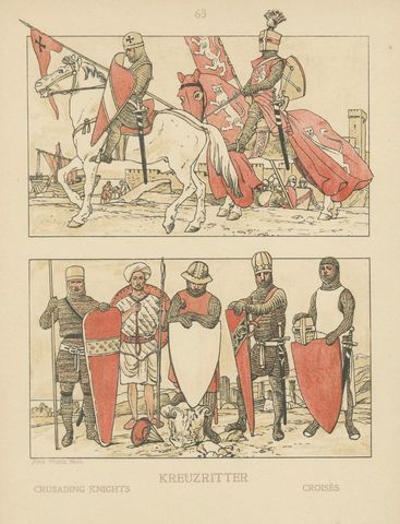 Antique Crusading Knights Plate, Hand-Colored Medieval Print c.1880, close-up 1