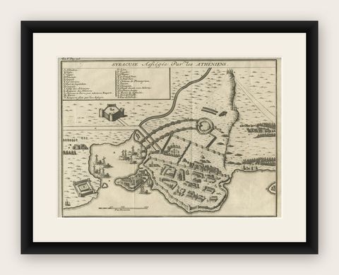 Old Copper Engraving of the Siege of Syracuse, Sicily, Italy, Published, ca.1740, shown framed