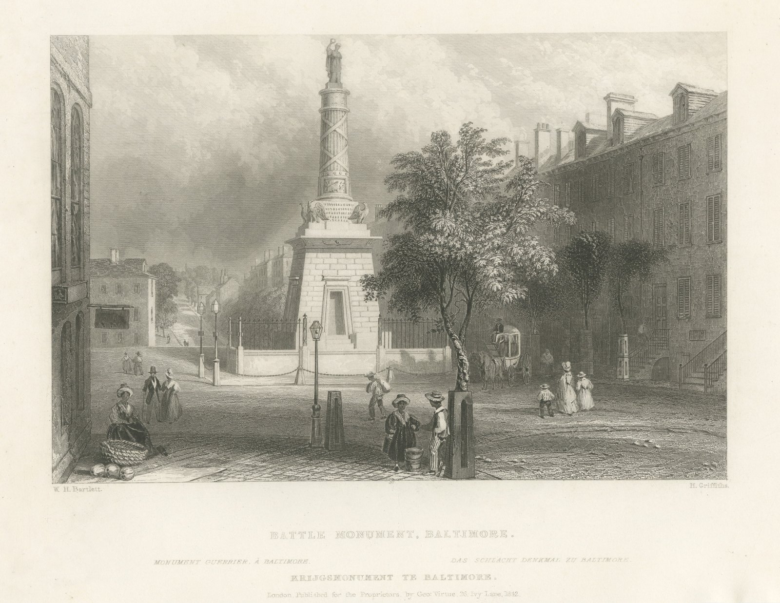 Battle Monument, Baltimore, after Bartlett, Antique Street View, 1842