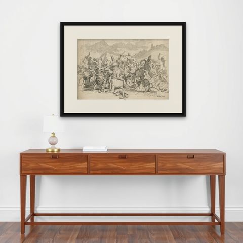Heroic Roman Battle Scene, French Neoclassical Engraving, Napoleonic Era, 1804, shown framed on a wall