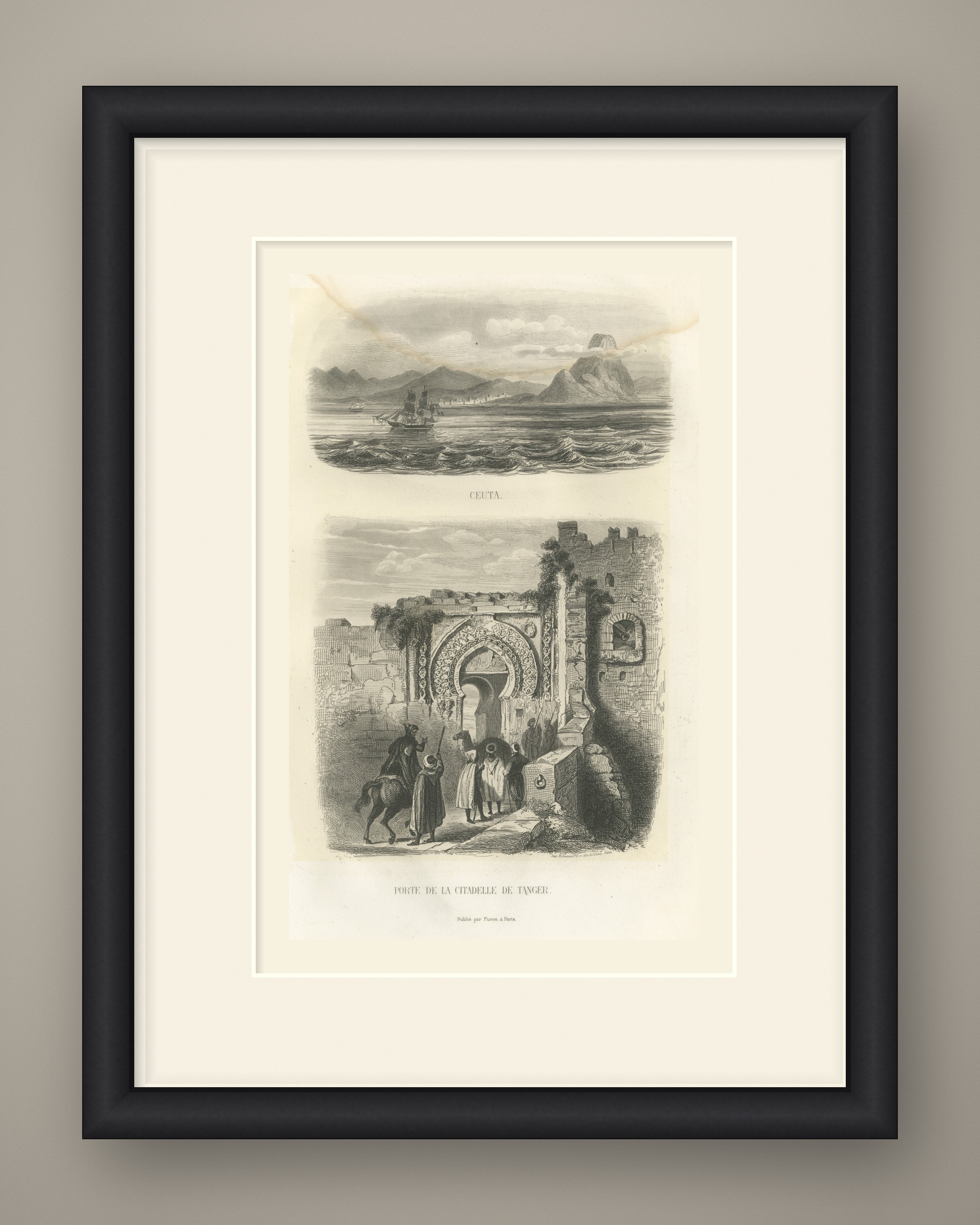 Ceuta from the Sea and Citadel Gate of Tangier, Morocco, Antique Print, 1859, shown framed