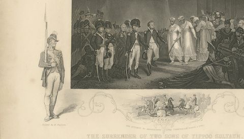 Antique India Print, Tipu Sultan Sons Surrender, Mysore War, c.1850, close-up 2