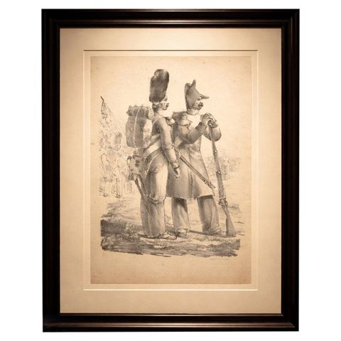 Antique French Military Lithograph, Soldiers with Pack and Rifle, c.1820