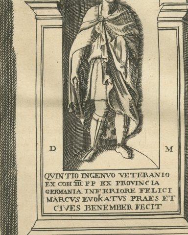 Funerary Monuments and Fighting Soldiers, Montfaucon Roman Plate, 1722, close-up 1