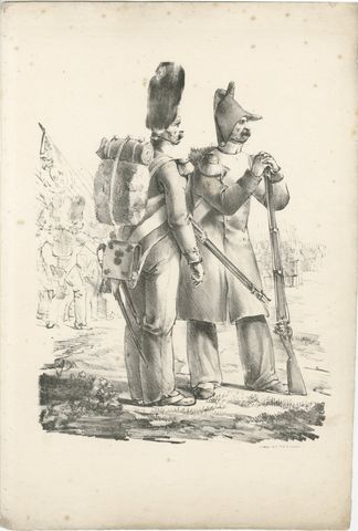 Antique French Military Lithograph, Soldiers with Pack and Rifle, c.1820, view 2