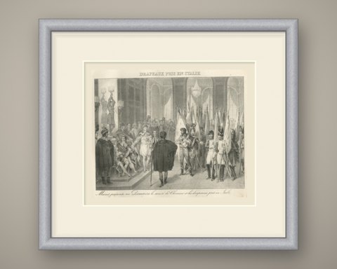 Murat Presents the Colors Taken in Italy, Antique Madou Lithograph, 1827, shown framed